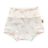 Pink bows ribbed baby bummies, handmade cotton toddler shorts