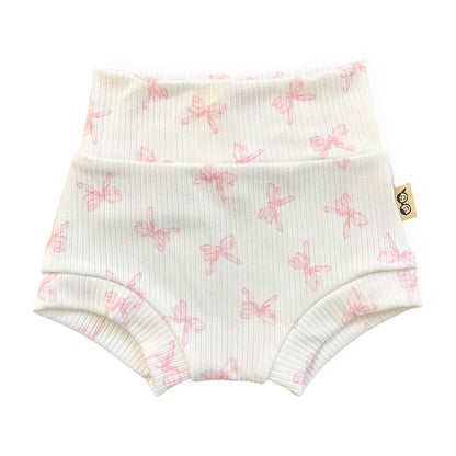 Pink bows ribbed baby bummies, handmade cotton toddler shorts
