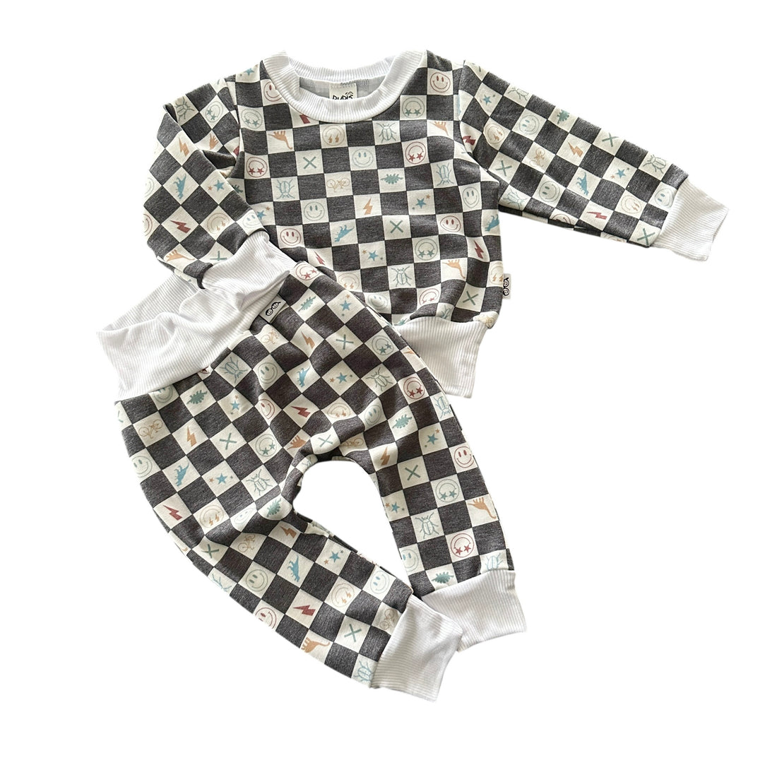 Flat lay of charcoal checker icon lounge set with top and pants.