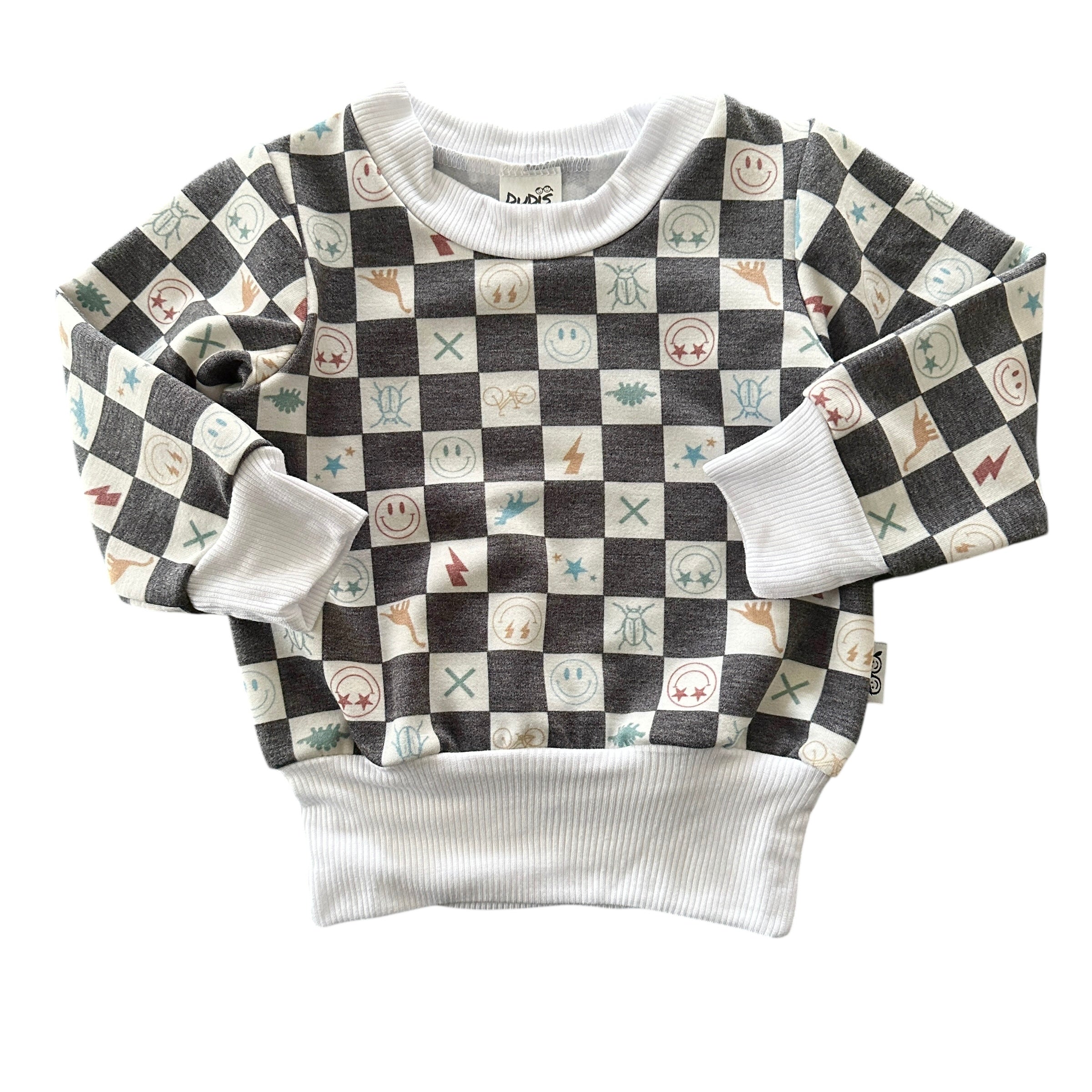 Charcoal checker baby sweatshirt with doodle and smiley icons, ribbed white cuffs.