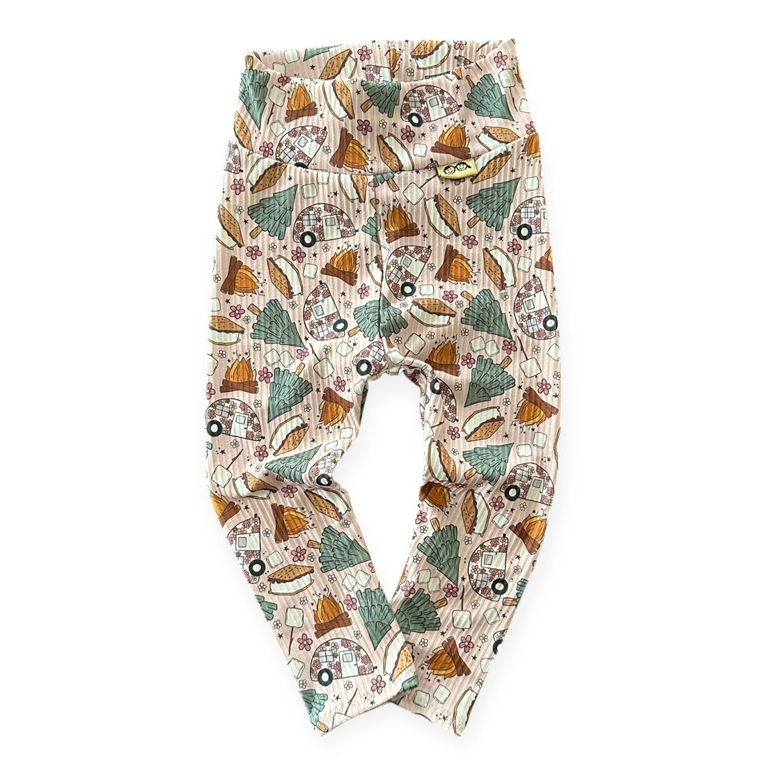 Handmade baby leggings in Campfire &amp; S’mores Adventures print with campers and campfires.