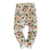 Handmade baby leggings in Campfire & S’mores Adventures print with campers and campfires.