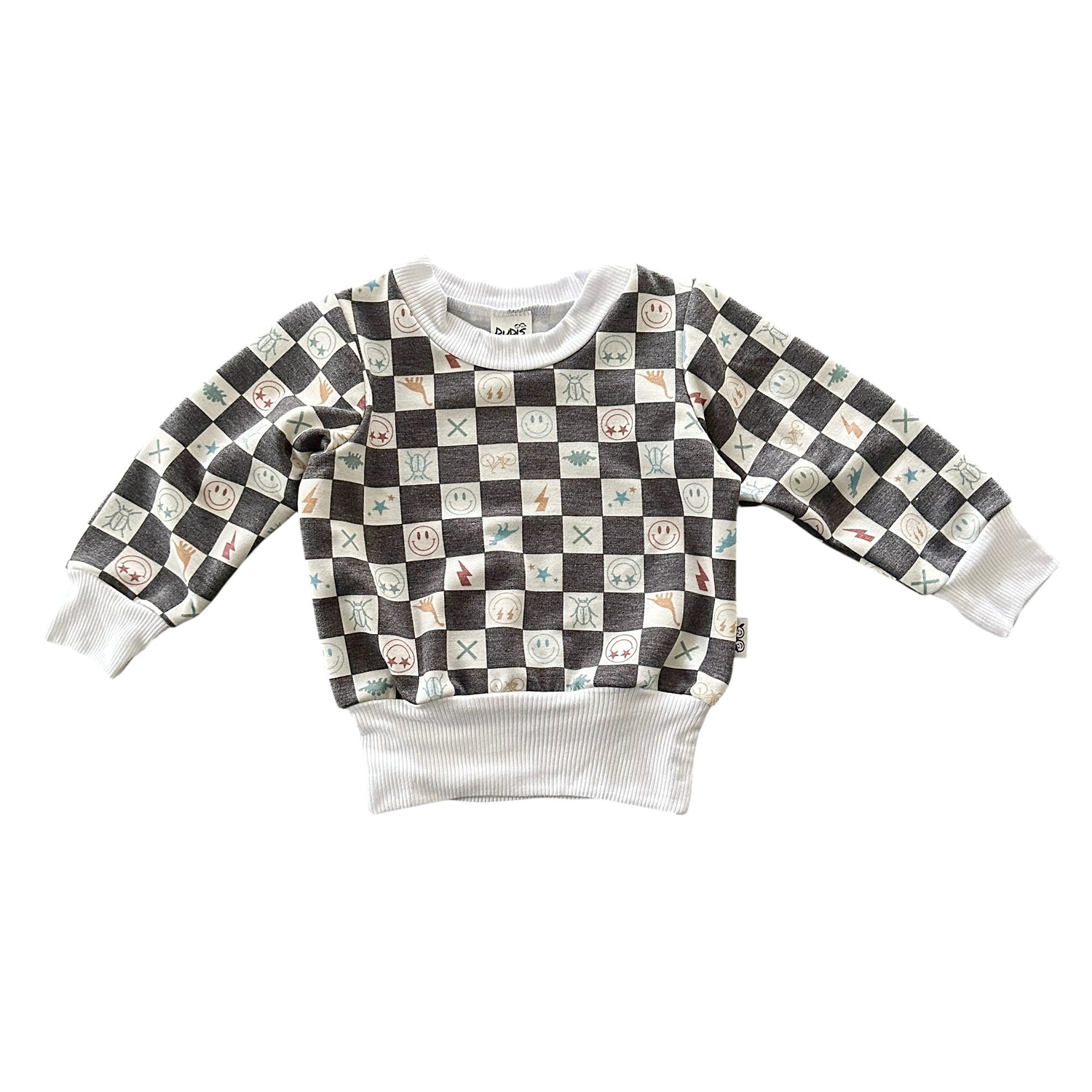 Angled flat lay of charcoal checker icons sweatshirt for babies.