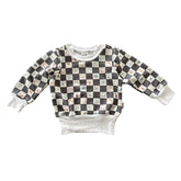 Angled flat lay of charcoal checker icons sweatshirt for babies.