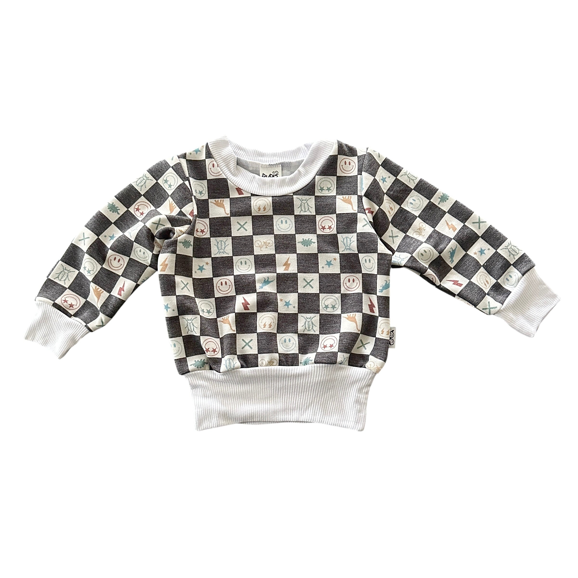 Angled flat lay of charcoal checker icons sweatshirt for babies.