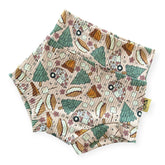 Close-up of camping-themed baby bummies handmade by Dudis Design.