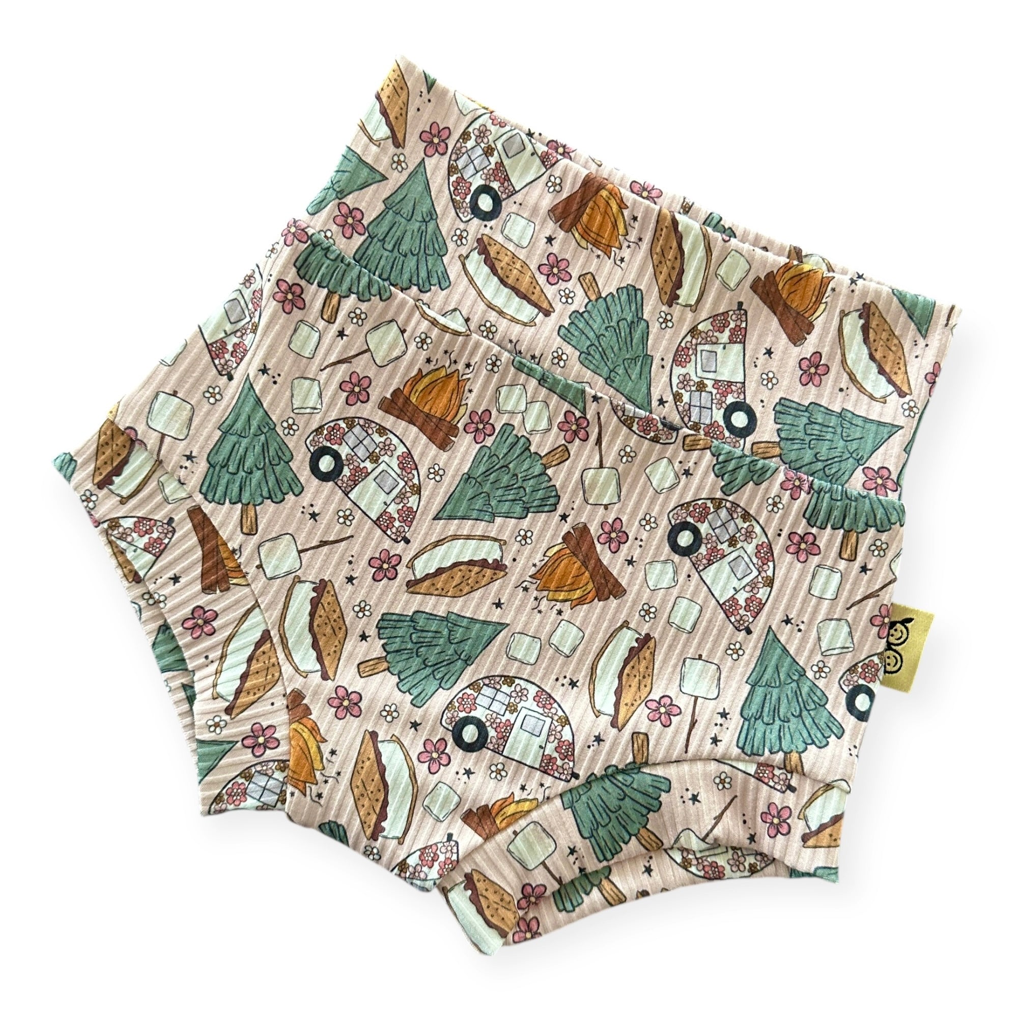 Close-up of camping-themed baby bummies handmade by Dudis Design.