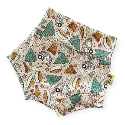 Close-up of camping-themed baby bummies handmade by Dudis Design.