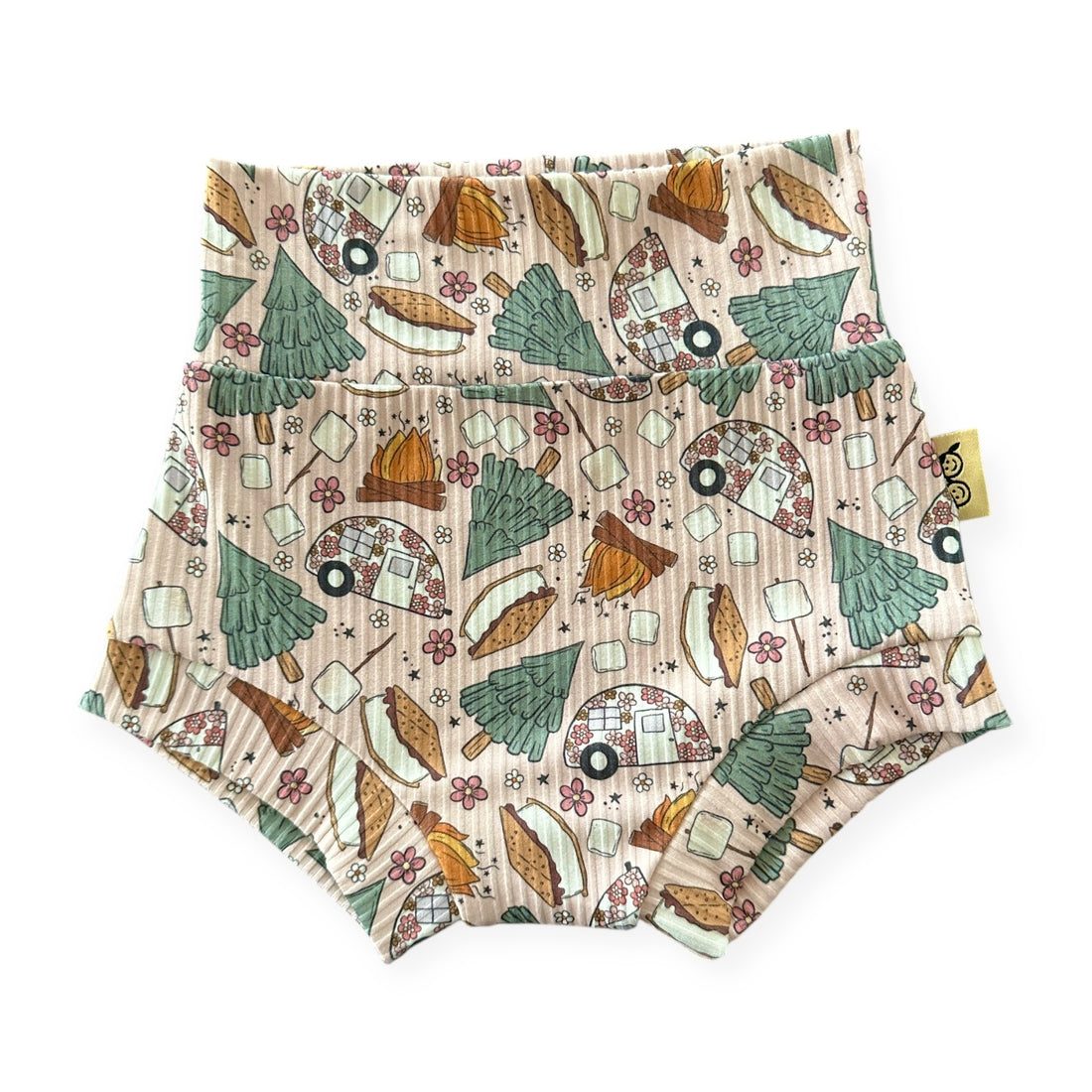 Baby bummies in Campfire &amp; S’mores Adventures print with campers and marshmallows.