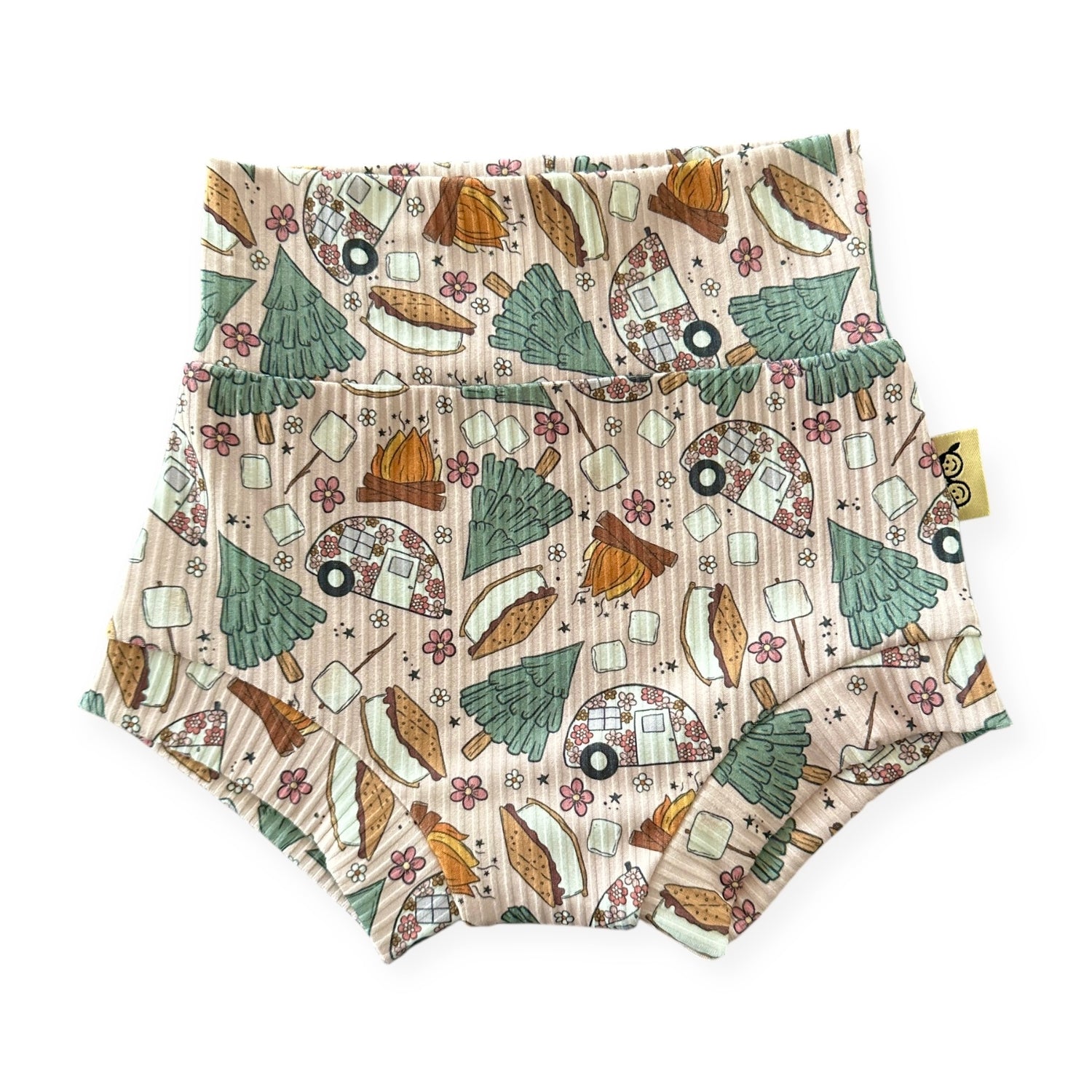 Baby bummies in Campfire &amp; S’mores Adventures print with campers and marshmallows.