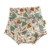 Baby bummies in Campfire & S’mores Adventures print with campers and marshmallows.