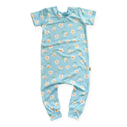 Blue Sky Daisies Ribbed Harem Romper