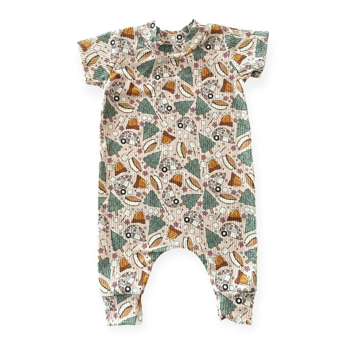 Handmade baby romper in Campfire &amp; S’mores Adventures print with campers and campfires.