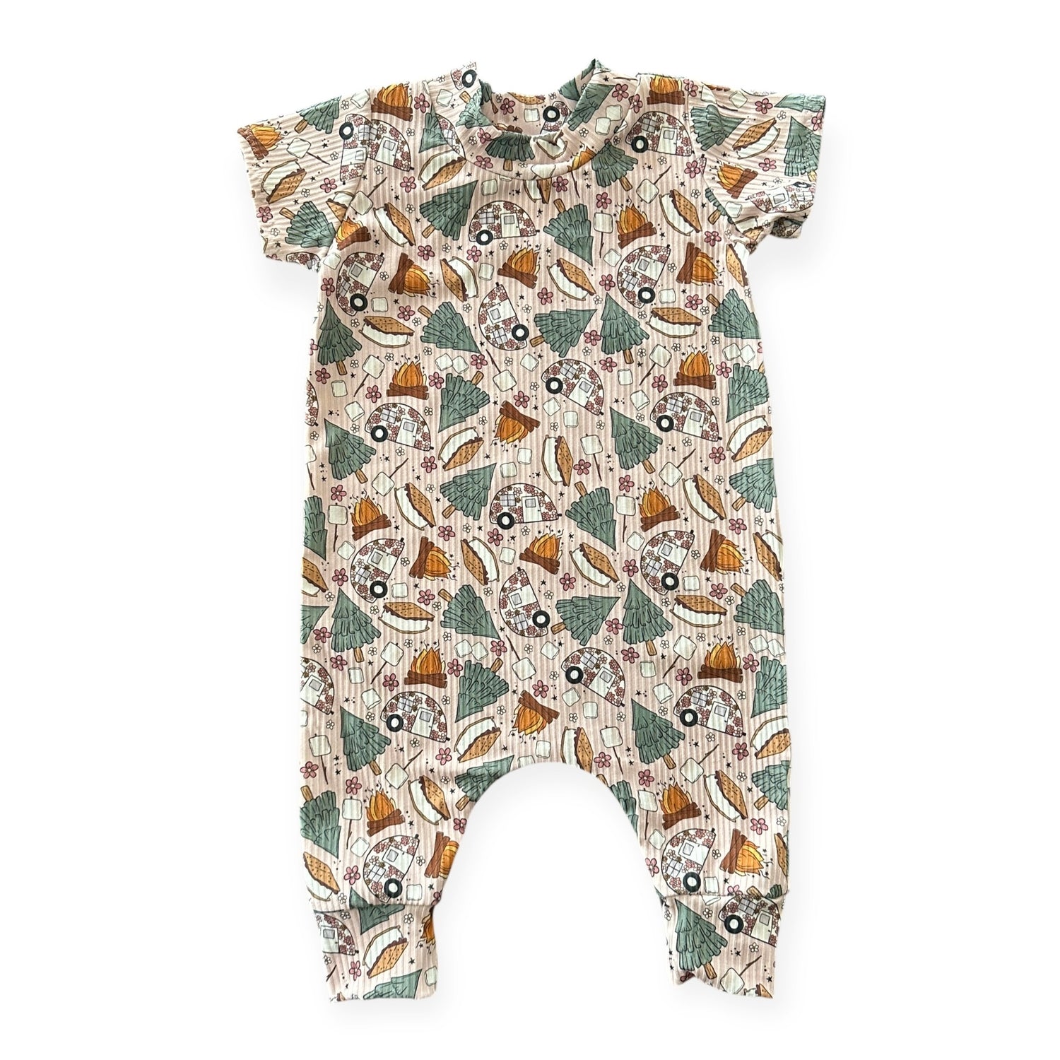 Handmade baby romper in Campfire &amp; S’mores Adventures print with campers and campfires.