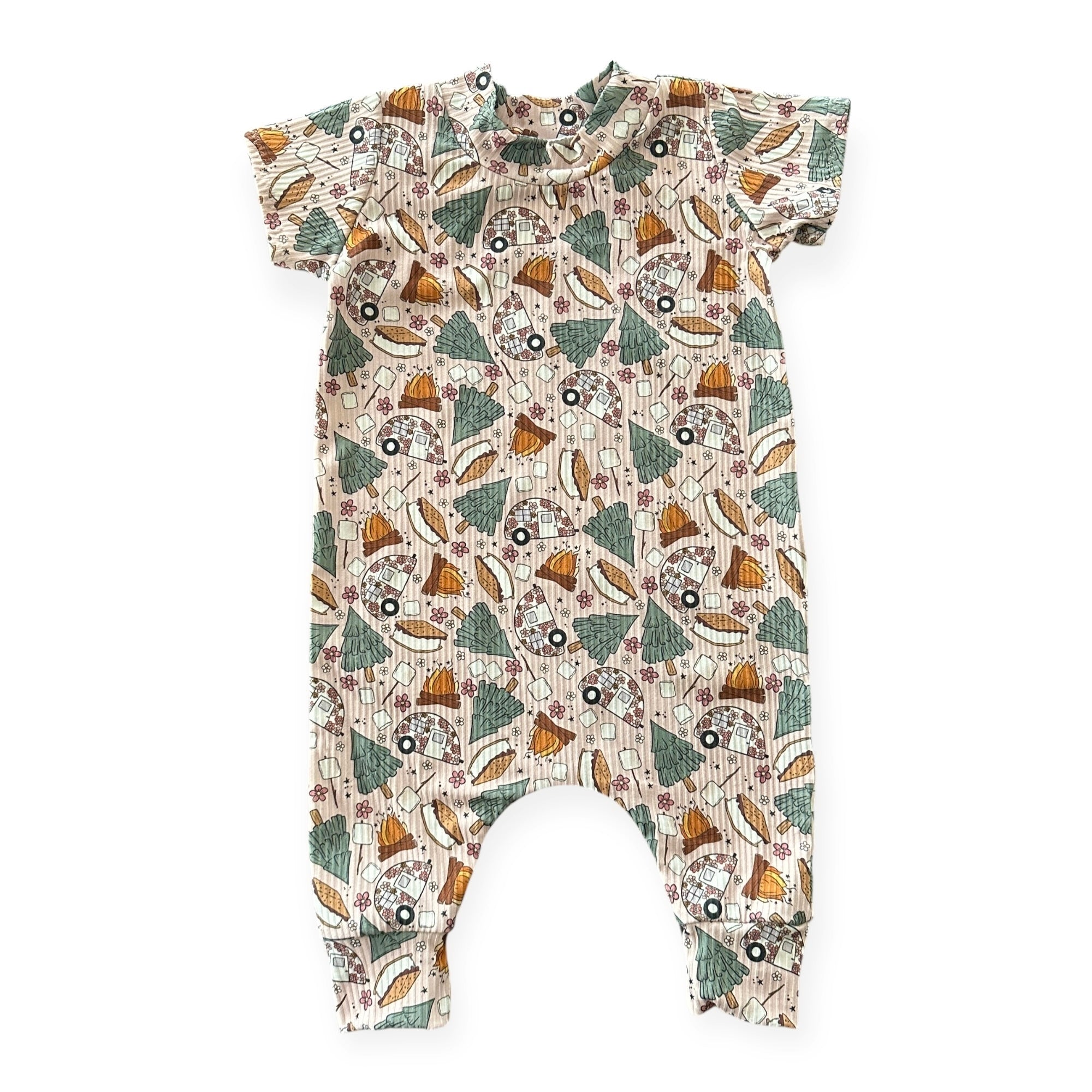 Handmade baby romper in Campfire &amp; S’mores Adventures print with campers and campfires.