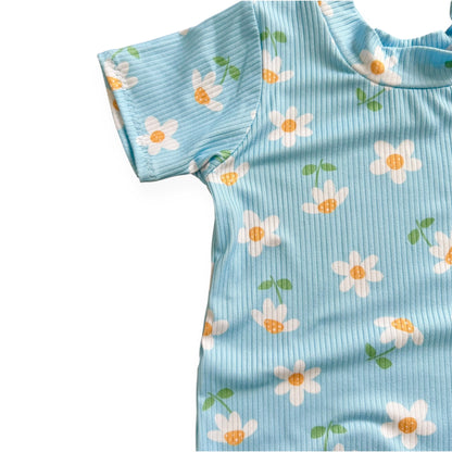 Blue Sky Daisies Ribbed Harem Romper
