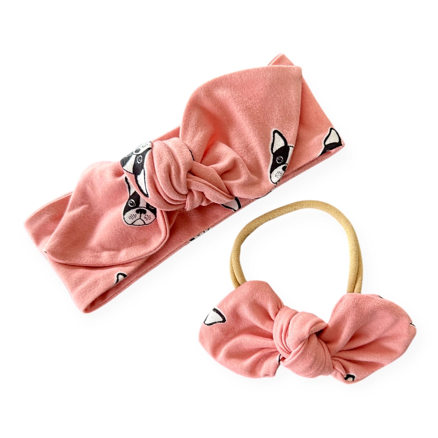 Peach Frenchie print baby headbands – bow nylon band and top knot wrap for baby girl