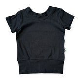 Black ribbed baby sweater with short sleeves on a white background
