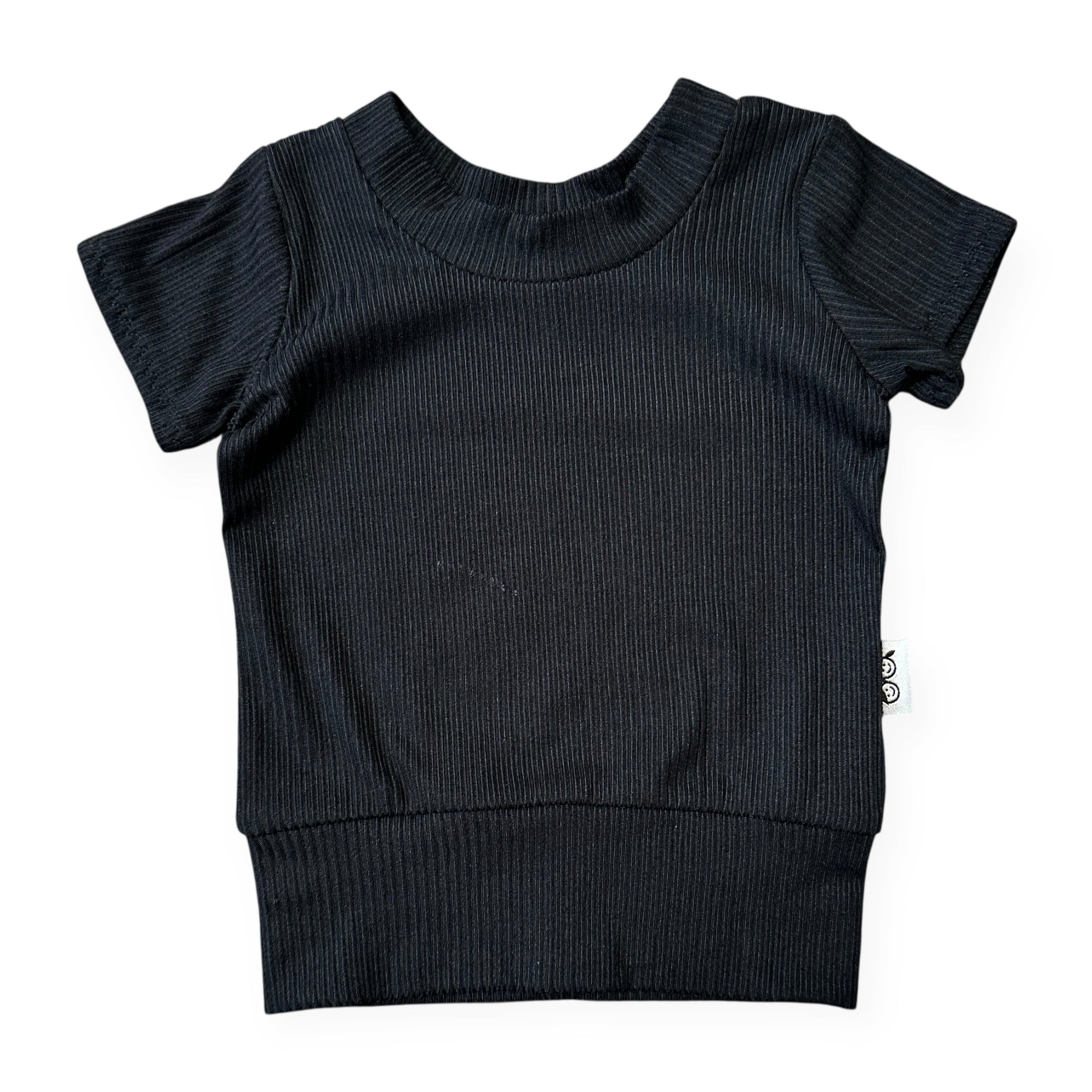 Black ribbed baby sweater with short sleeves on a white background