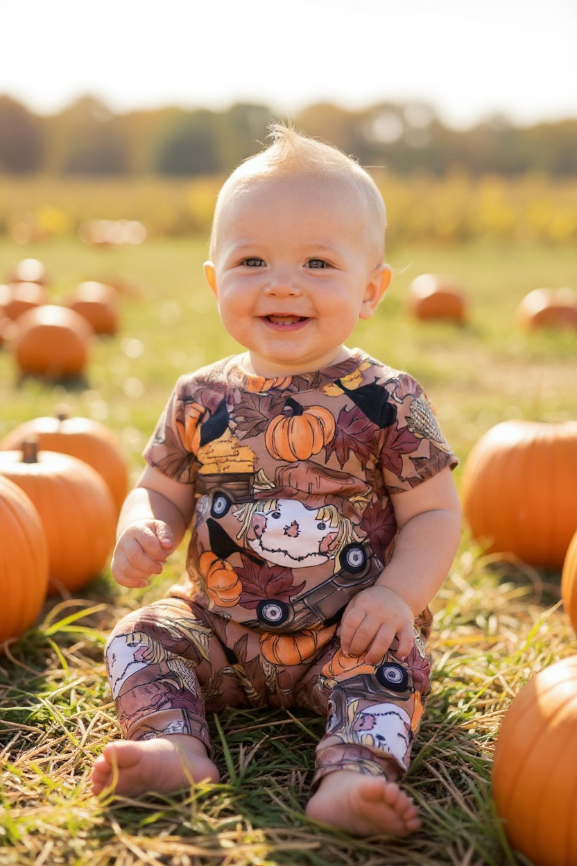 Baby in a pumpkin-patterned outfit sitting among pumpkins in a field
