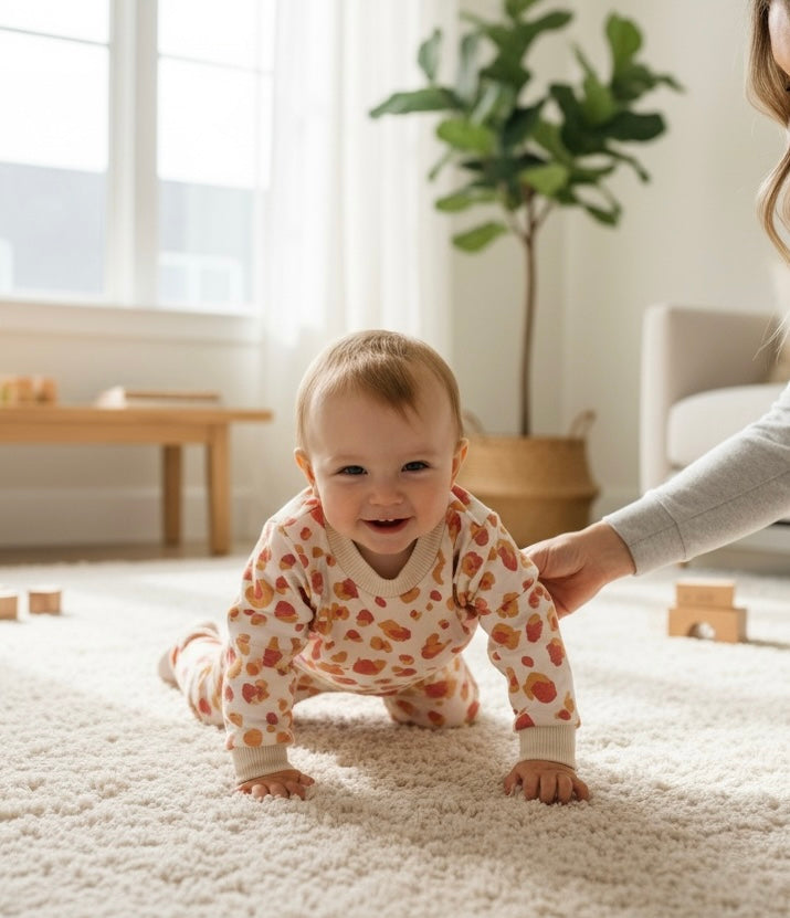 Smiling baby crawling on a cream carpet wearing a sunset leopard lounge set with coral and mustard print, supported gently by a parent in a bright cozy nursery.