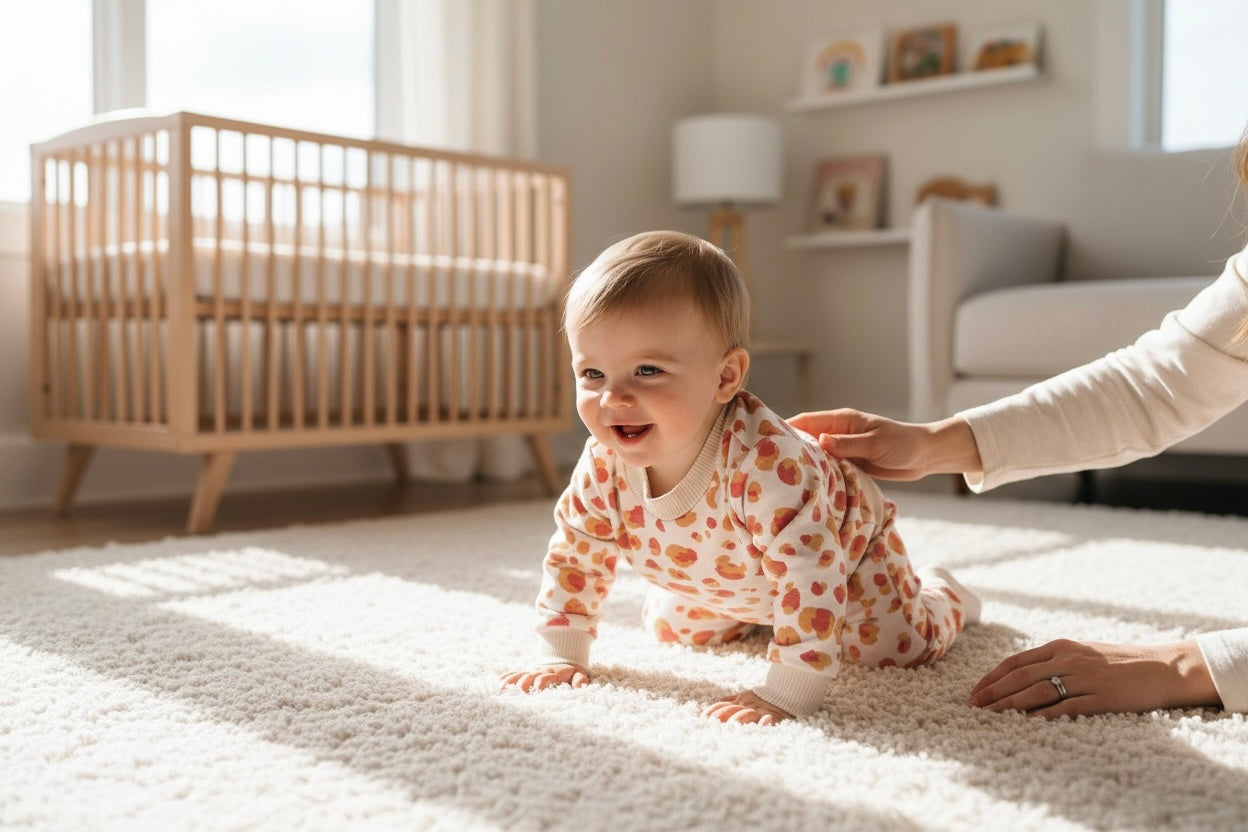 Baby crawling on a soft cream rug wearing a sunset leopard lounge set with coral and mustard spots, in a bright modern nursery with natural wood crib.
