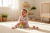 Smiling baby wearing blush leopard lounge set, sitting on carpet with wooden toy blocks in a bright nursery room.
