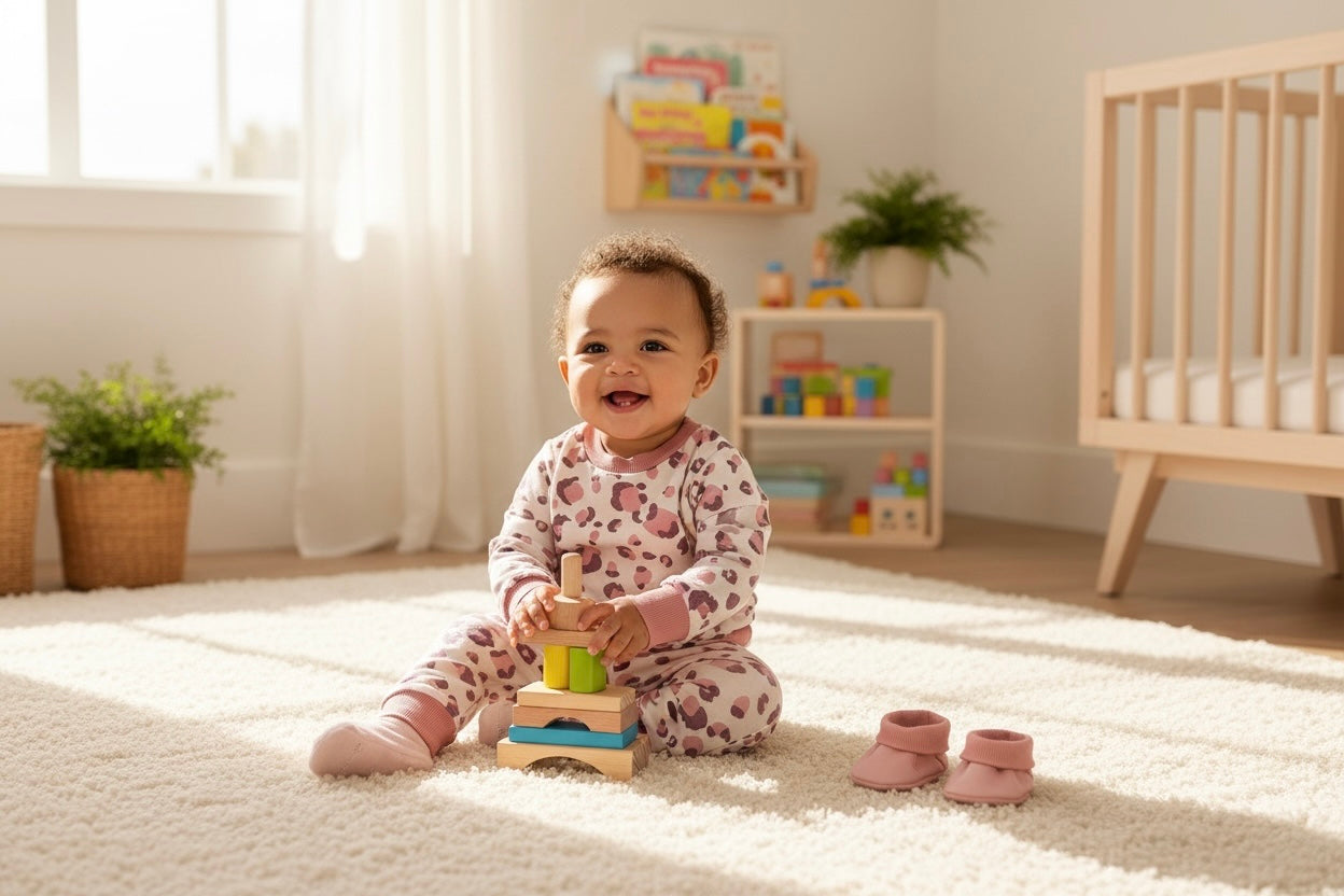 Smiling baby wearing blush leopard lounge set, sitting on carpet with wooden toy blocks in a bright nursery room.