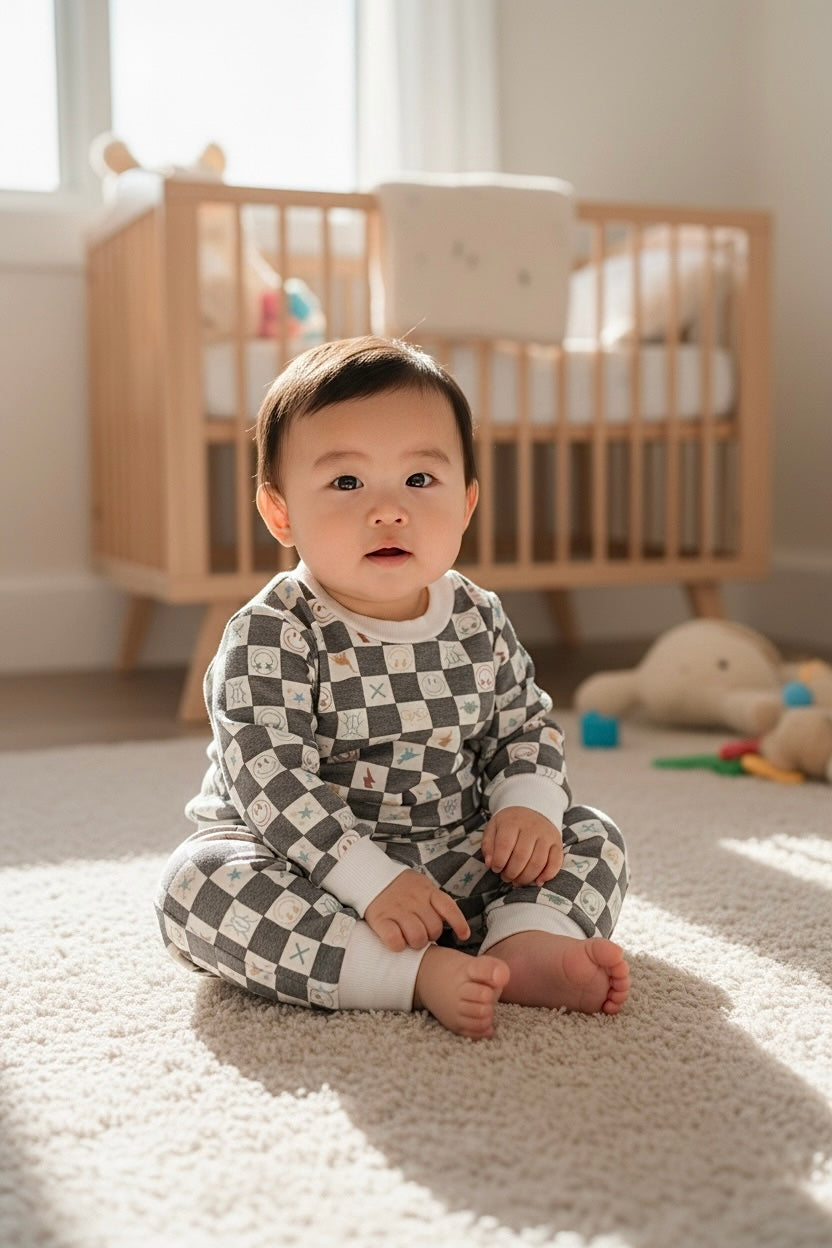 Baby sitting on carpet wearing charcoal checker smiley icons lounge set.