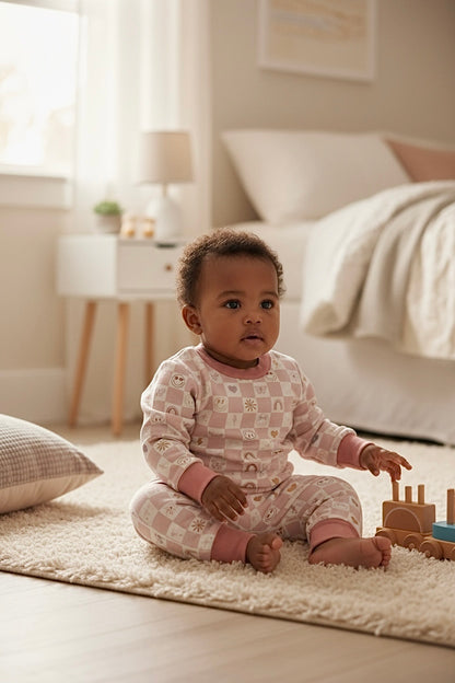Baby wearing blush pink checker smiley lounge set while sitting on rug, lifestyle photo.