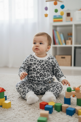 Baby in grey cheetah lounge set playing with colorful blocks on a carpeted floor in a room with a bookshelf in the background.