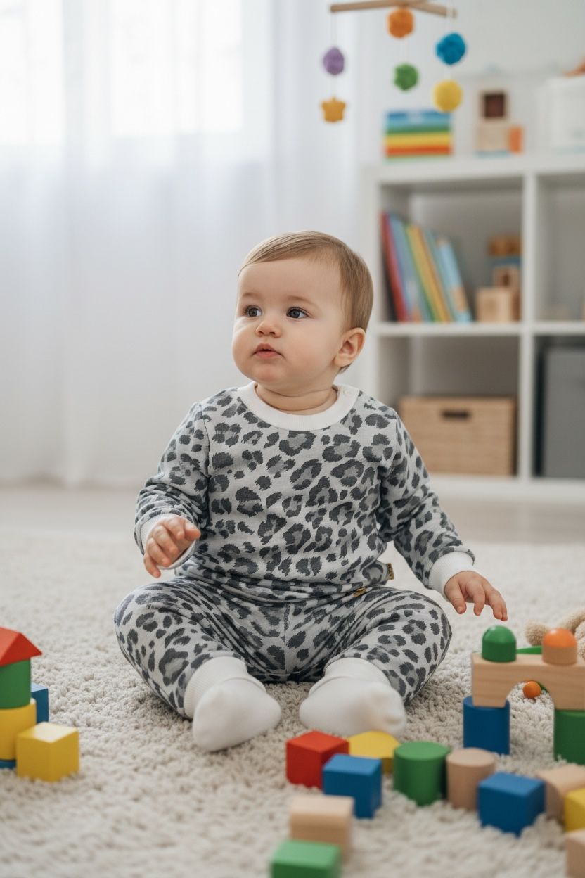 Baby in grey cheetah lounge set playing with colorful blocks on a carpeted floor in a room with a bookshelf in the background.