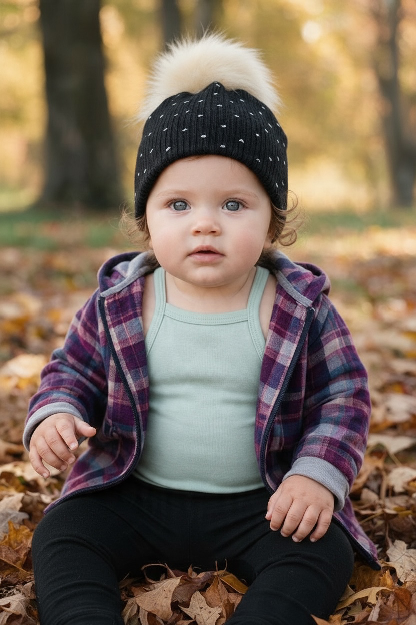 Petite Heart Black Ribbed Faux Fur Pom Pom Hat and Infinity Scarf