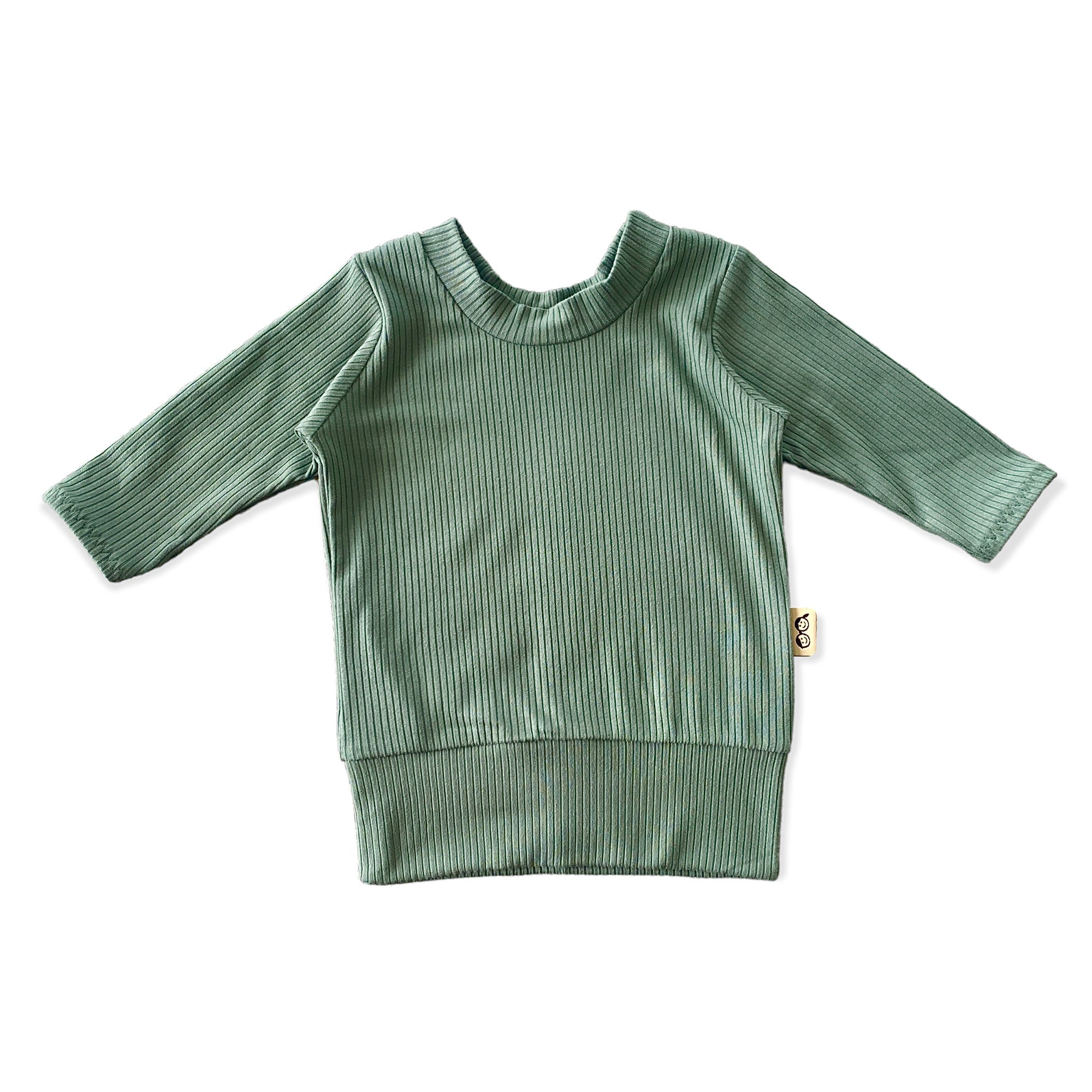 Sea Spray Ribbed Lounge Top in a soft green hue, featuring long sleeves and a cozy, stretchy fit perfect for babies and toddlers.