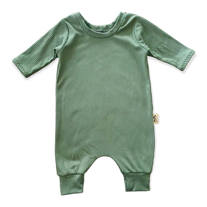 A flat-lay of a long-sleeve ribbed green romper for babies, designed for comfort and durability, with a cozy yet stylish look.