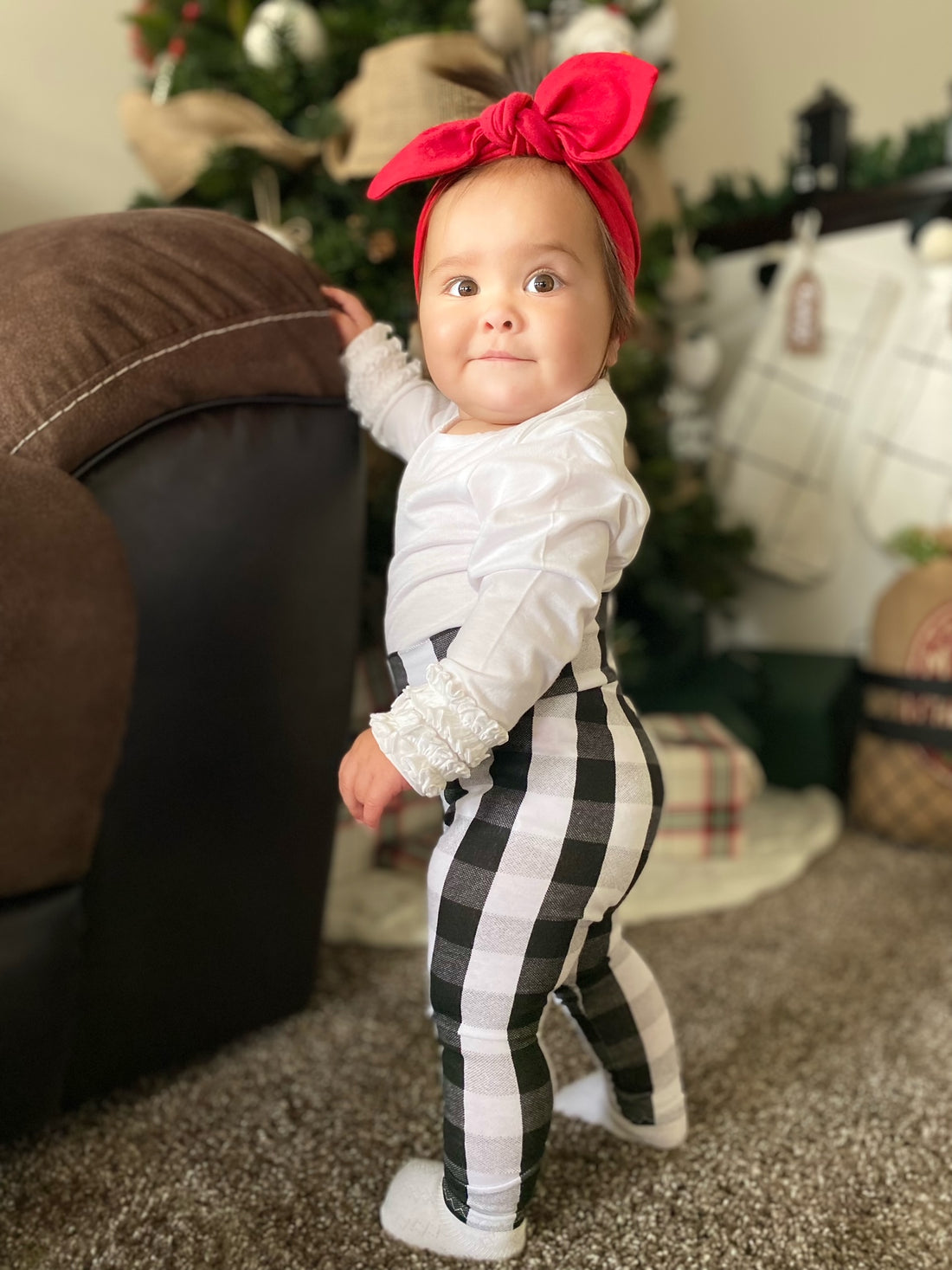 Black and White Plaid Mix and Match Leggings with Red Headband