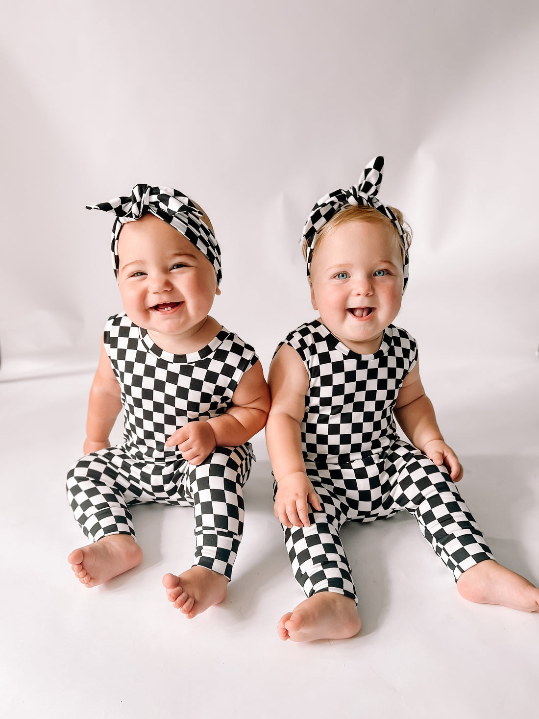 Twins in Black Retro Checkered Harem Romper