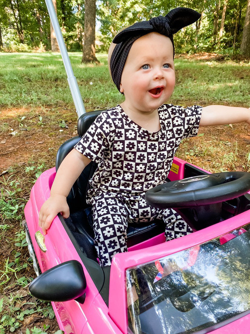 Black and Ivory Checkered Florals Harem Short-Sleeve Romper