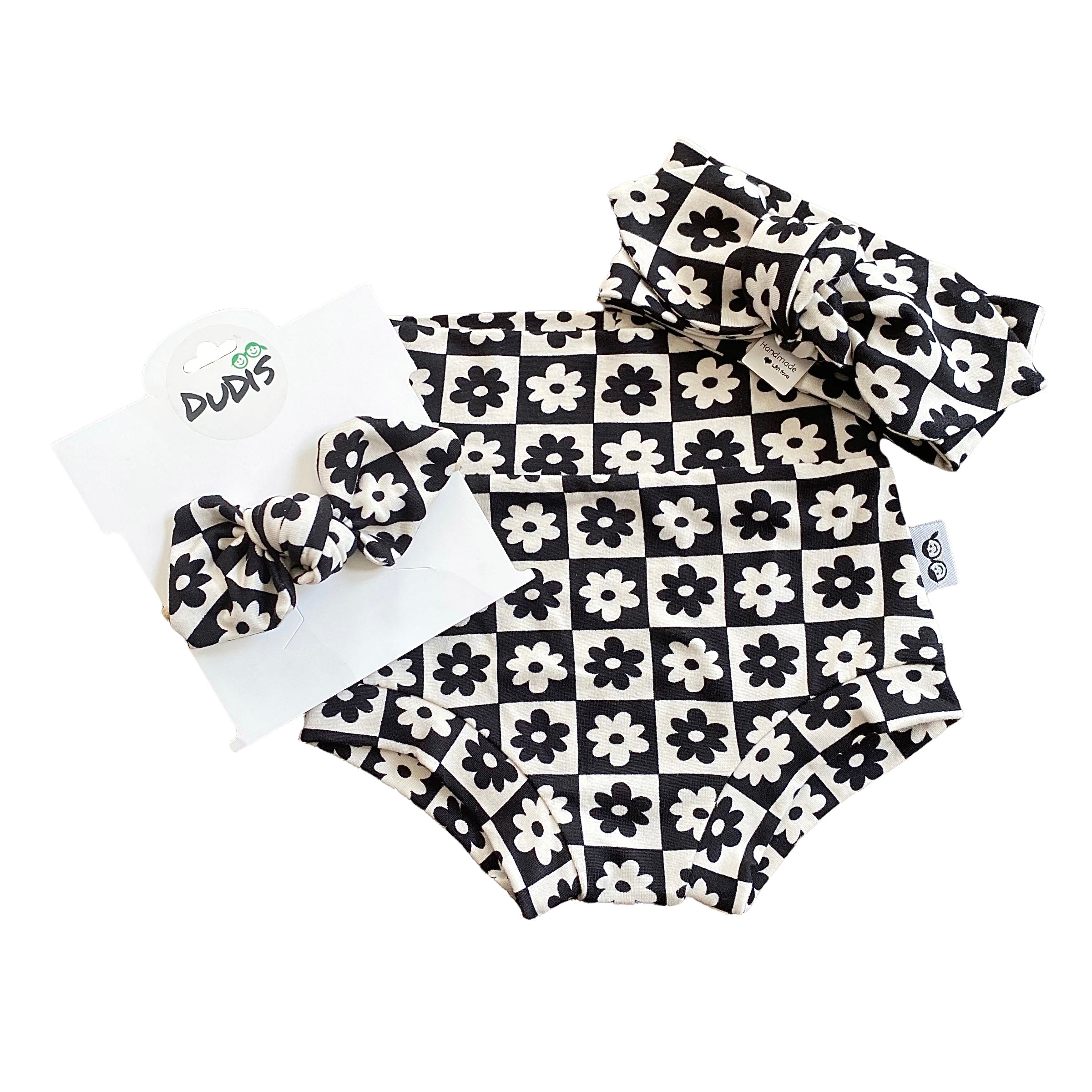 Black and Ivory Checkered Florals Bummies and/or Headbands