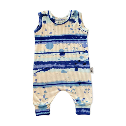 Blue Abstract Striped Ribbed Harem Romper