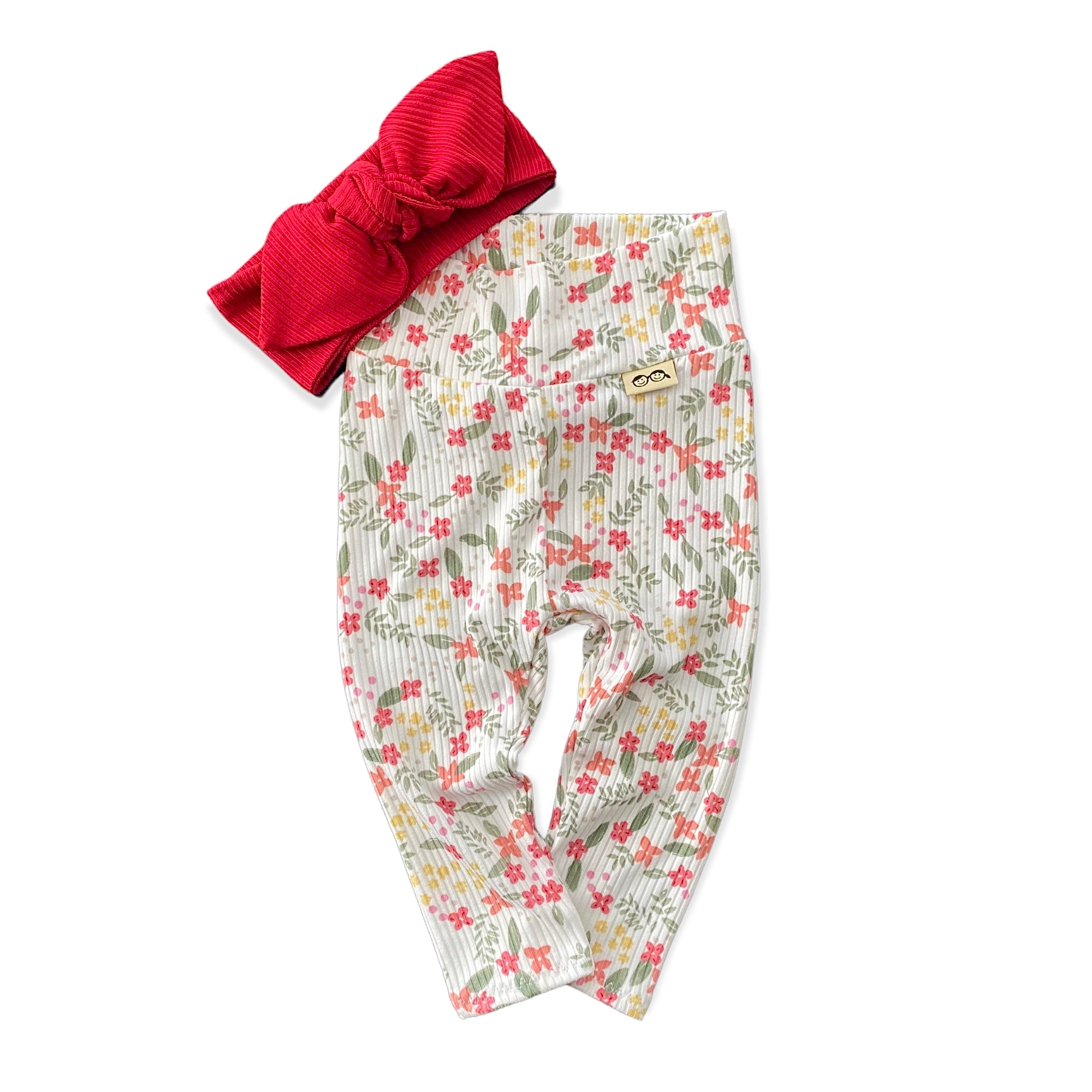 Colorful Dainty Flowers on White Rib Mix and Match Leggings with Red Headband