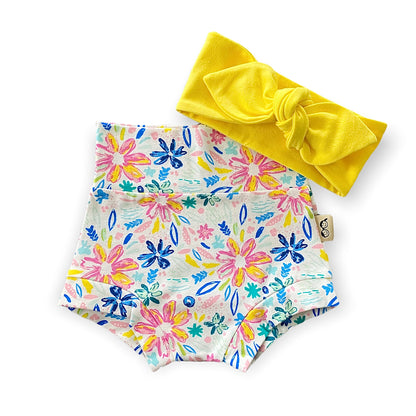 Colorful Flower Art Mix and Match Bummies and Yellow Headband