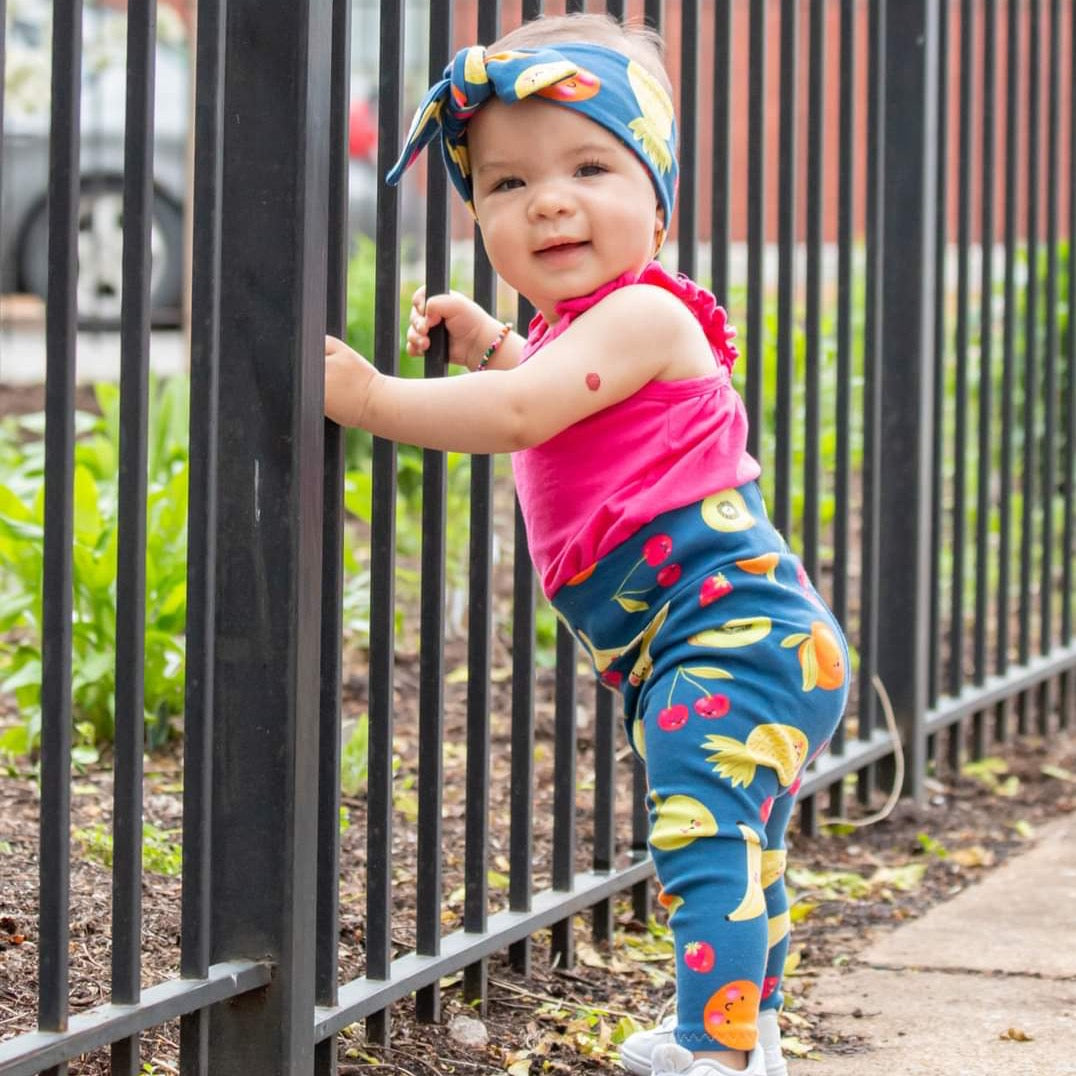 Fun Fruits on Blue Leggings and/or Headbands