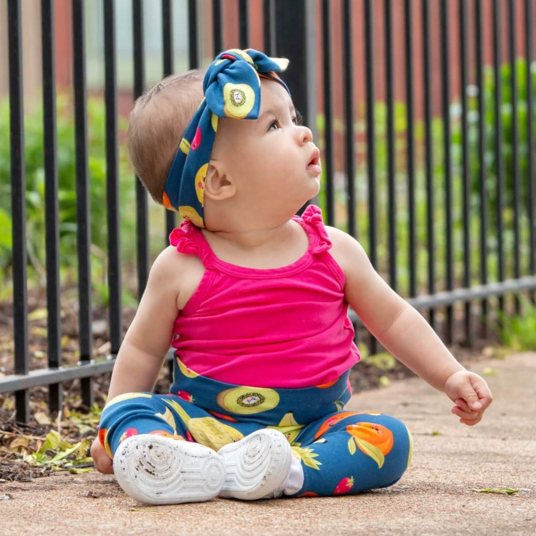 Fun Fruits on Blue Leggings and/or Headbands