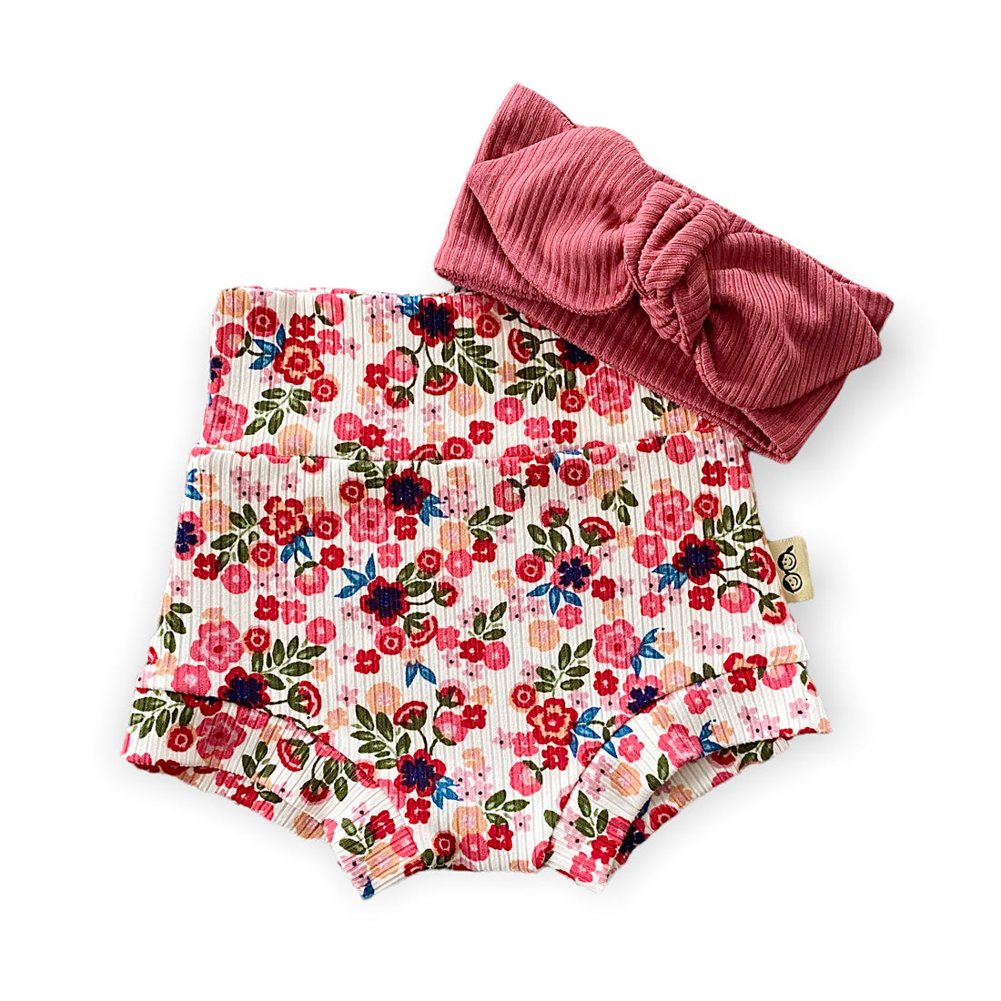 Groovy Dainty Florals on White Rib Mix and Match Bummies with Mauve Headband