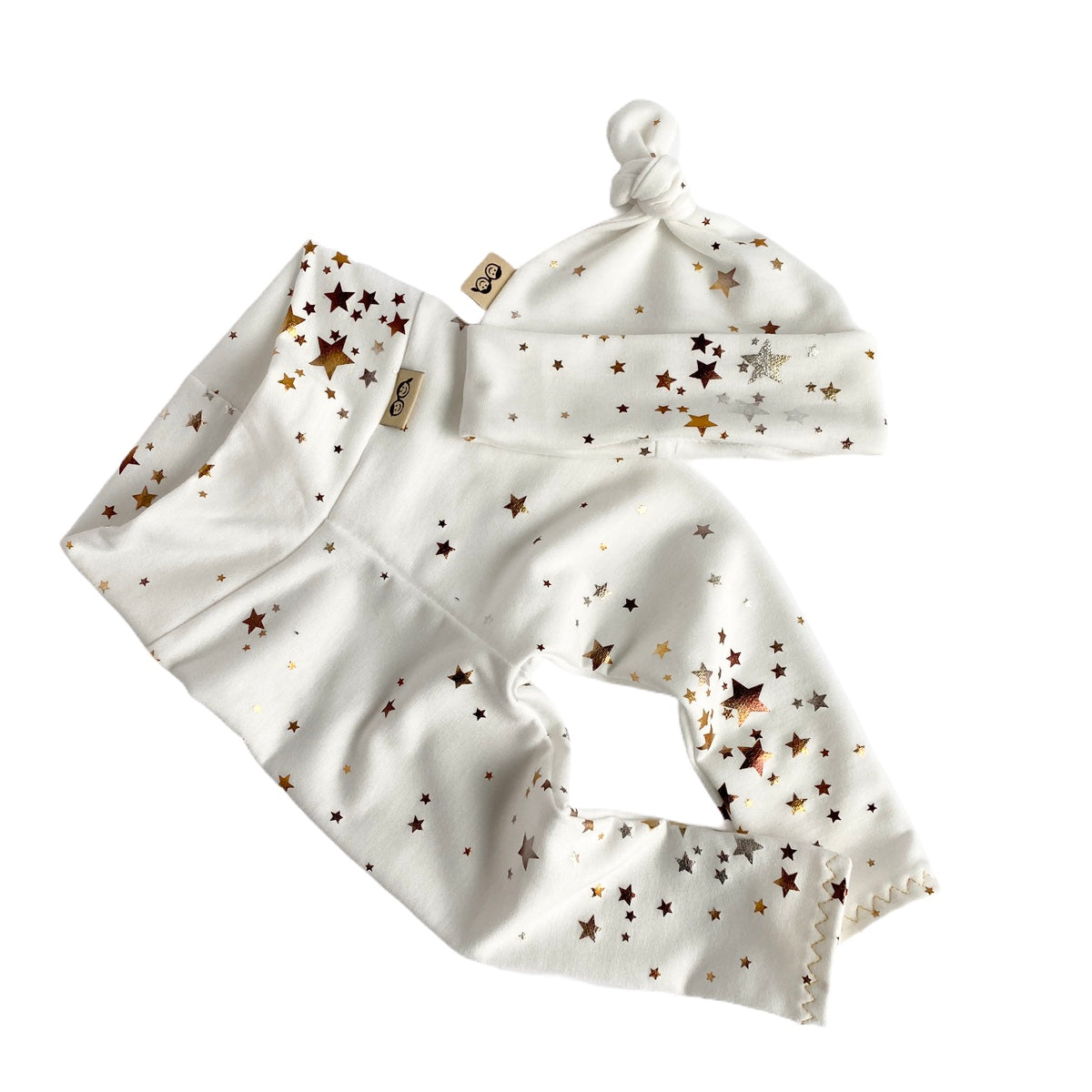 Foil Stars on White Leggings and/or Knot Beanie Hat