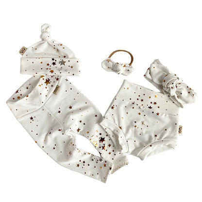 Foil Stars on White Leggings and/or Knot Beanie Hat