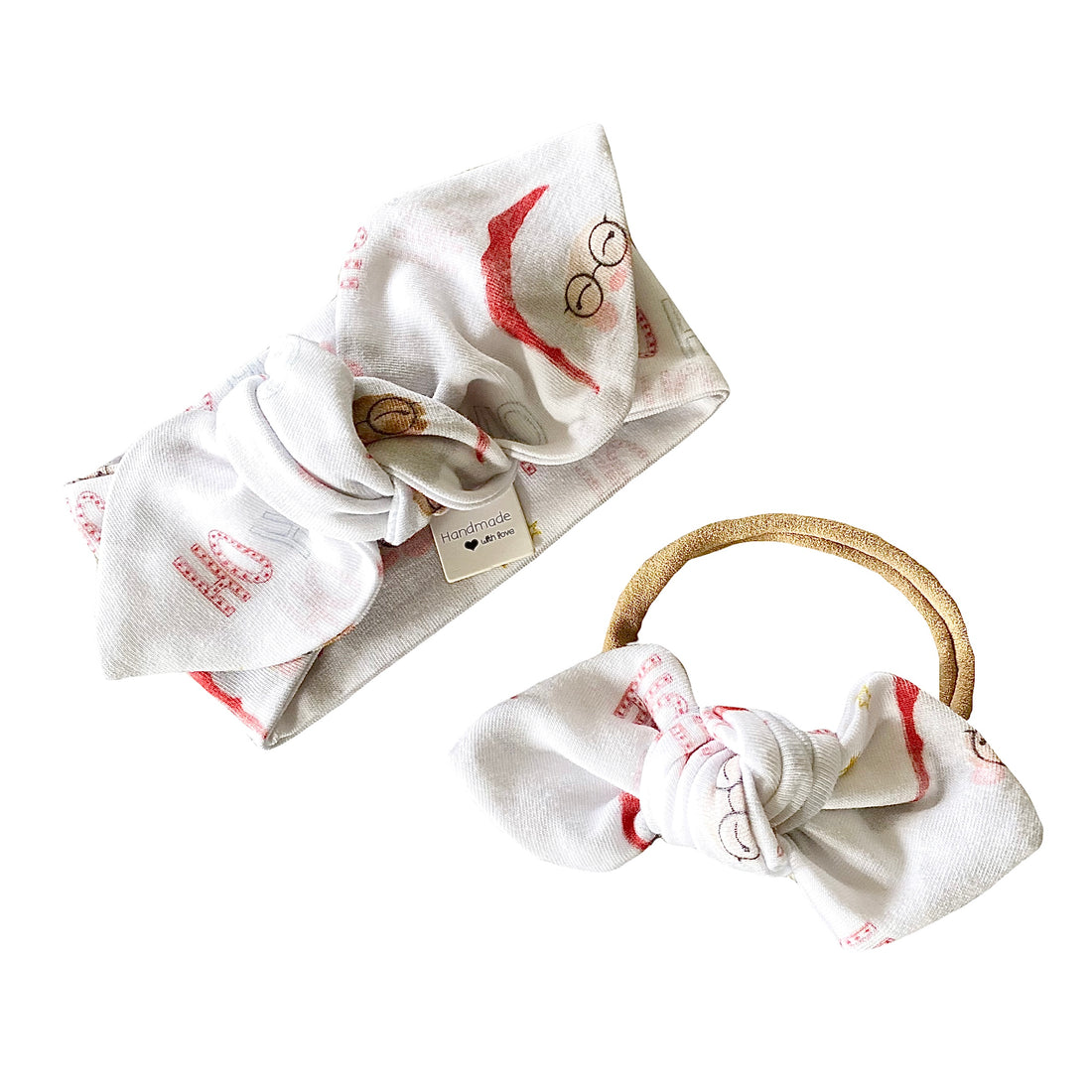 Set of Vintage Santa headbands featuring a top knot headband and a tiny knot bow on a soft nylon band. Festive red and white print with a Santa Claus design, perfect for holiday outfits and seasonal celebrations.