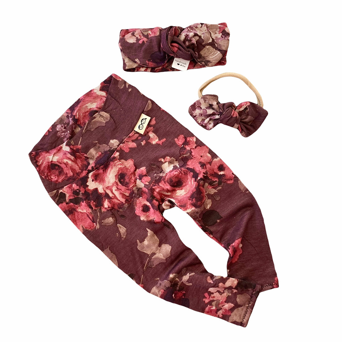 Vintage Florals on Burgundy Leggings and/or Headbands