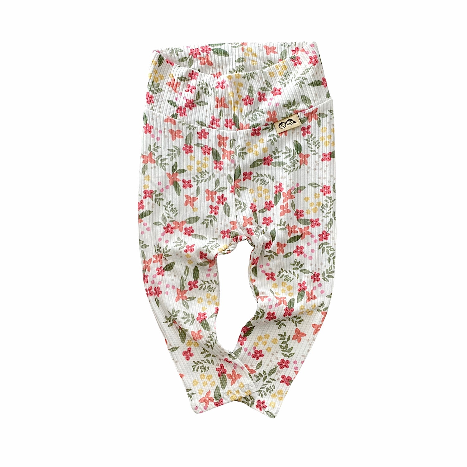 Colorful Dainty Flowers on White Ribbed Leggings